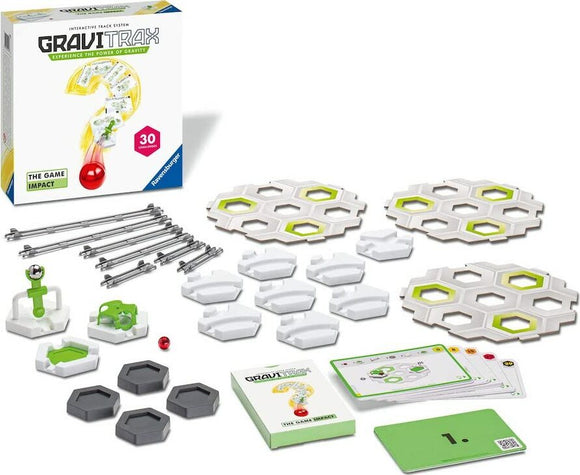 GraviTrax: The Game Impact by Ravensburger. The image displays the game box and contents, including various interactive track components, marbles, and challenge cards designed for creative construction and gravity-driven gameplay.