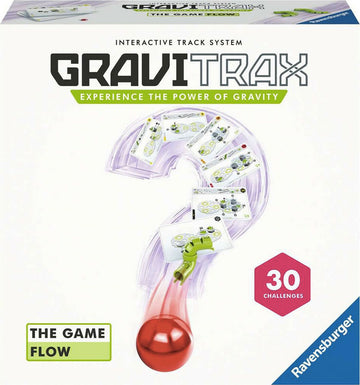 GraviTrax: The Game Flow puzzle box designed by Ravensburger. The box features an interactive track system with a vibrant design, showcasing a red ball and challenge cards, promising 30 engaging challenges that explore the power of gravity.