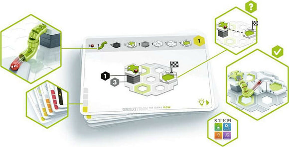 GraviTrax: The Game Flow by Ravensburger. A STEM game featuring a colorful setup with a green track and a red ball. Instruction cards are displayed, showing the gameplay mechanics, including hexagonal tiles laid out in a puzzle format and visual indicators for movement. The game promotes logical thinking and creativity in building gravity-based pathways.