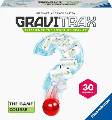 GraviTrax: The Game Course by Ravensburger is an interactive track system. The image showcases the game box featuring a red marble, clear tracks, and challenge cards, offering 30 engaging challenges that explore the principles of gravity.