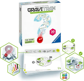 GraviTrax: The Game Course by Ravensburger, featuring an interactive track system designed to explore the power of gravity. The package includes 30 challenges with illustrated game cards showing various track designs and components. A red marble is shown rolling down a track, accompanied by visual aids for players to understand the gameplay.