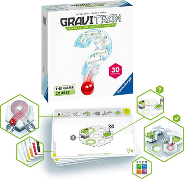 GraviTrax: The Game Course by Ravensburger, featuring an interactive track system designed to explore the power of gravity. The package includes 30 challenges with illustrated game cards showing various track designs and components. A red marble is shown rolling down a track, accompanied by visual aids for players to understand the gameplay.
