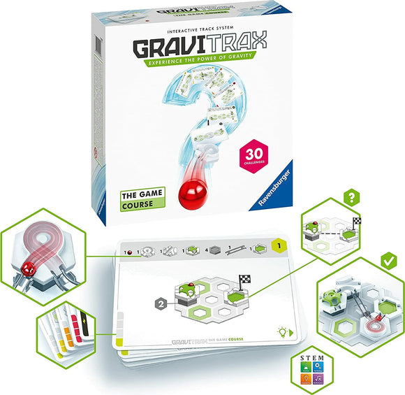 GraviTrax: The Game Course by Ravensburger, featuring an interactive track system designed to explore the power of gravity. The package includes 30 challenges with illustrated game cards showing various track designs and components. A red marble is shown rolling down a track, accompanied by visual aids for players to understand the gameplay.