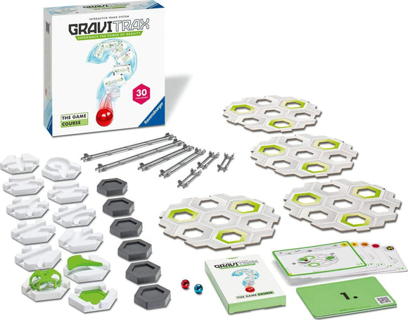 GraviTrax: The Game Course by Ravensburger includes a box with various interactive track components, such as hexagonal tiles, marbles, and instructions for 30 challenges designed to explore gravity and physics. The set features a mix of white and gray pieces with green accents, along with cards outlining course configurations.