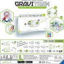 GraviTrax: The Game Course by Ravensburger, an interactive STEM game featuring a track system with hexagonal tiles, pathways, and marbles. The image displays various components, including instructions for building tracks that demonstrate physics concepts through gravity. Ideal for ages 8 and up, it promotes learning through play.