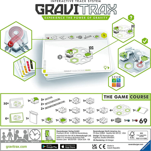 GraviTrax: The Game Course by Ravensburger, an interactive STEM game featuring a track system with hexagonal tiles, pathways, and marbles. The image displays various components, including instructions for building tracks that demonstrate physics concepts through gravity. Ideal for ages 8 and up, it promotes learning through play.