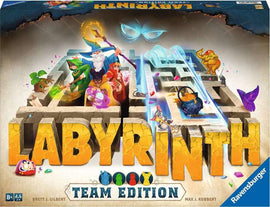 Labyrinth Team Edition game by Ravensburger featuring vibrant artwork. The cover showcases characters navigating a maze filled with treasures and challenges, inviting players to embark on an adventurous quest. Ideal for family game nights and teamwork.