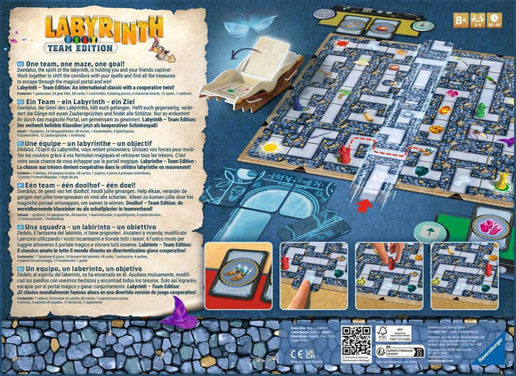 Labyrinth Team Edition game by Ravensburger. A cooperative board game featuring a detailed maze layout filled with colorful game pieces and magical treasures. Players work together to shift walls and navigate the labyrinth to escape Daedalus's captivity. Ideal for ages 8 and up, the game encourages teamwork and strategic thinking, suitable for family game nights.