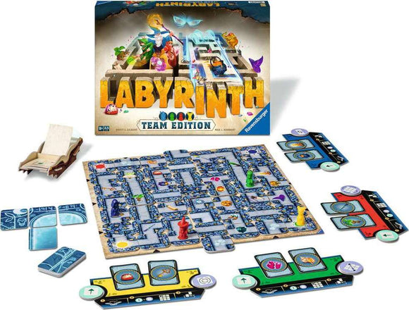Labyrinth Team Edition game by Ravensburger, featuring a colorful board with intricate pathways, player pieces, and various game cards. The packaging showcases vibrant artwork, highlighting the adventurous and strategic elements of the game, suitable for ages 8 and up.