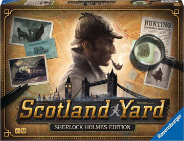 The Scotland Yard: Sherlock Holmes Edition game box by Ravensburger features a classic design with artistic illustrations of Sherlock Holmes, famous landmarks like the Tower Bridge, and various clues including a magnifying glass and finger print evidence. The background includes a map layout of London and photographs related to detective work. The age recommendation is 10+, and it's designed for 2 to 6 players.