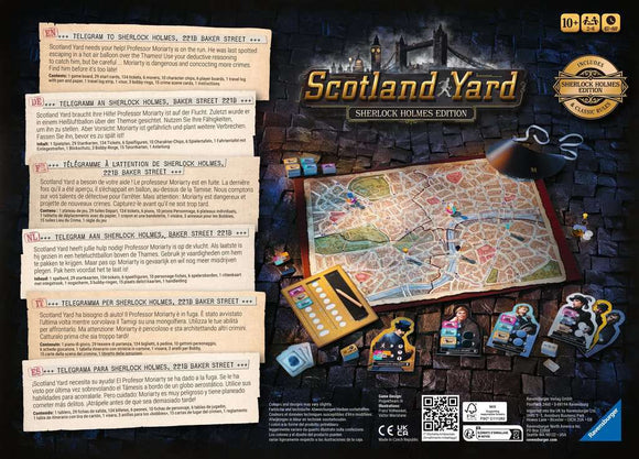 The Scotland Yard: Sherlock Holmes game by Ravensburger. The image showcases the game's intricate board featuring a map of London, several colored player pieces, character cards, and telegrams in multiple languages. Ideal for players aged 10 and up, it invites players to solve mysteries and catch the elusive Professor Moriarty using strategy and deduction skills.