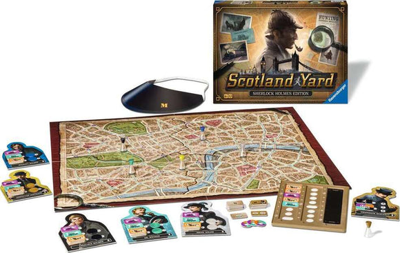 Scotland Yard: Sherlock Holmes Edition game by Ravensburger displayed with components including a large map of London, character cards, colored tokens, a magnifying glass, and the game box featuring artwork of Sherlock Holmes. The game elements invite players into a detective mystery experience.