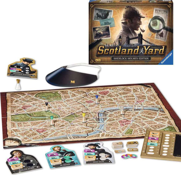 A board game titled 'Scotland Yard: Sherlock Holmes Edition' by Ravensburger, featuring a colorful game board of London, character pieces including Sherlock Holmes and Dr. Watson, a magnifying glass, and various game tokens. The box shows the game's title and images of characters from the story.