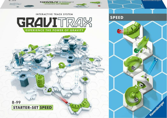 The GraviTrax Speed Set by Ravensburger features a dynamic, interactive track system. The game includes different track pieces, marbles, and accessories that allow players to build and create their own gravity-powered marble runs, enhancing creativity and problem-solving skills. The design showcases a variety of hexagonal shapes and components in bright colors like green, red, and blue, perfect for kids and adults alike.