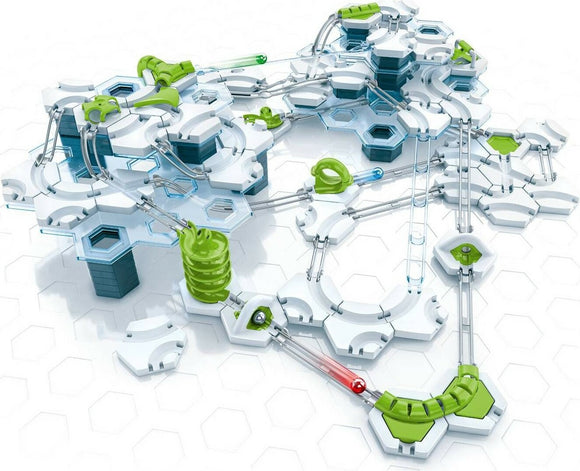 The GraviTrax Speed Set by Ravensburger is an interactive DIY kit featuring a marble run system. It consists of various clear and colored tracks, ramps, and obstacles designed to create unique marble pathways. The design is intricate and modern, with a combination of white and green elements, encouraging creativity and engineering skills.