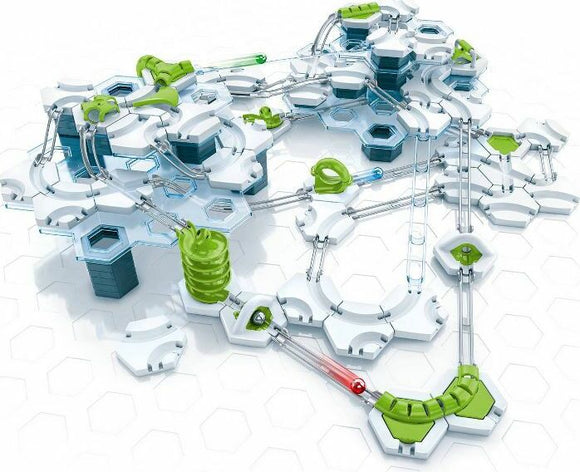 The GraviTrax Speed Set by Ravensburger features a complex network of interconnected marble run paths, including colorful launchers and ramps. The design showcases a variety of hexagonal and circular pieces, offering endless possibilities for creative construction. Ideal for STEM learning and encouraging critical thinking in a fun way.