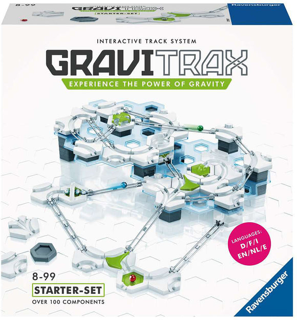 GraviTrax Starter Set by Ravensburger, featuring an interactive track system with over 100 components. The kit allows users to build tracks that demonstrate the principles of gravity through a variety of paths and configurations, suitable for ages 8 to 99.