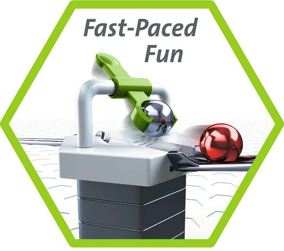 The GraviTrax Starter Set by Ravensburger is an engaging DIY kit designed for interactive marble run construction. Featuring a dynamic launcher that propels silver and red marbles across a track, it emphasizes creativity and physics principles. The image highlights the fast-paced fun and versatility of the kit.