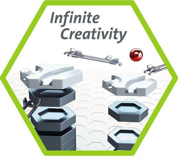 GraviTrax Starter Set by Ravensburger, showcasing components for a DIY marble run. Features various tracks, connectors, and a red marble, promoting infinite creativity and problem-solving skills.
