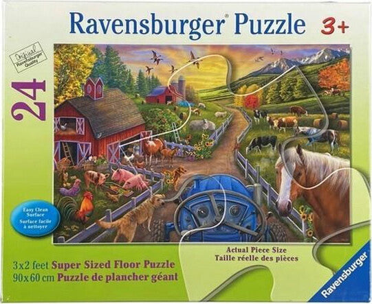 My First Farm jigsaw puzzle by Ravensburger featuring a vibrant farm scene with animals, a barn, and scenery. Designed for children aged 3 and up, this 24-piece puzzle measures 3x2 feet and is made from durable materials with an easy-clean surface.