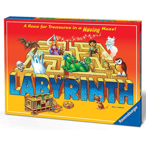 The Labyrinth Game Deluxe created by Brio, featuring a vibrant box design with colorful illustrations of various characters and treasures in a maze. The text 'LABYRINTH' is prominently displayed in bold letters, and the subtitle reads 'A Race for Treasures in a Moving Maze!' bringing excitement to family game nights.