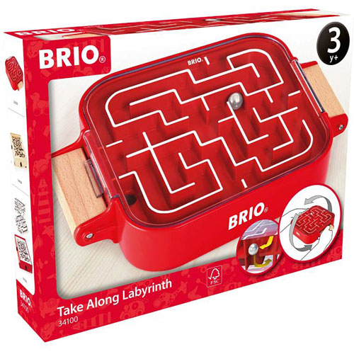 The Take Along Labyrinth by BRIO is a portable mechanical puzzle featuring a red rectangular base with a white labyrinth design. It includes a small silver ball that navigates through the pathways of the maze, promoting fine motor skills and problem-solving. Designed for children aged 3 and up, the puzzle is easy to transport with its convenient handle and provides hours of engaging entertainment.