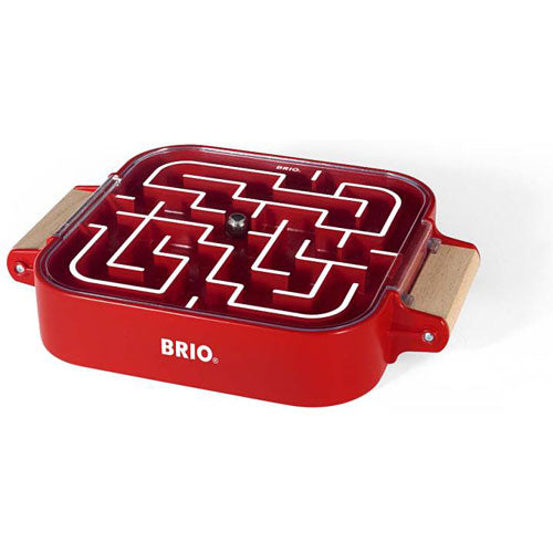 BRIO Take Along Labyrinth mechanical puzzle featuring a vibrant red square base with a white maze design. The puzzle includes a small metal ball that players navigate through the maze by tilting the surface. It has wooden handles for easy transport, making it perfect for on-the-go fun. Ideal for developing problem-solving skills and hand-eye coordination.