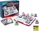 The Laser Maze game by ThinkFun features a grid board with multiple laser emitter pieces and targets. Players manipulate beams using reflective pieces to solve challenges, enhancing logic skills. The game includes difficulty levels, ranging from beginner to expert, with colorful game components and challenge cards displayed alongside the box.