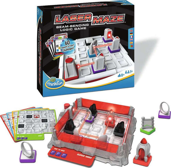 The Laser Maze by Thinkfun is a mechanical logic game that challenges players with 60 beginner to expert puzzles. The game consists of a grid setup with various obstacles, laser emitters, and reflectors, designed to create a maze for the laser beam. The game includes colorful cards with challenges, a game board featuring multiple pathways, and adjustable pieces that allow for varying difficulty levels. Suitable for ages 8 and up, this engaging game promotes critical thinking and problem-solving skills.