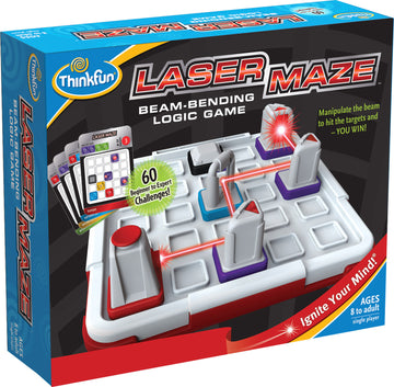 The Laser Maze game by Thinkfun, featuring a colorful game box with images of a beam-bending puzzle. Inside the box, players can find various challenges that require strategic thinking to manipulate the laser beam and hit the targets. Suitable for ages 8 and up, the game includes 60 challenges ranging from beginner to expert level.