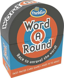 Word A Round card game by Thinkfun packaged in a colorful box. The box features vibrant colors and bold text, inviting players to race against each other to unravel words. Designed for ages 10 and up, it promises fast-paced fun for family and friends.