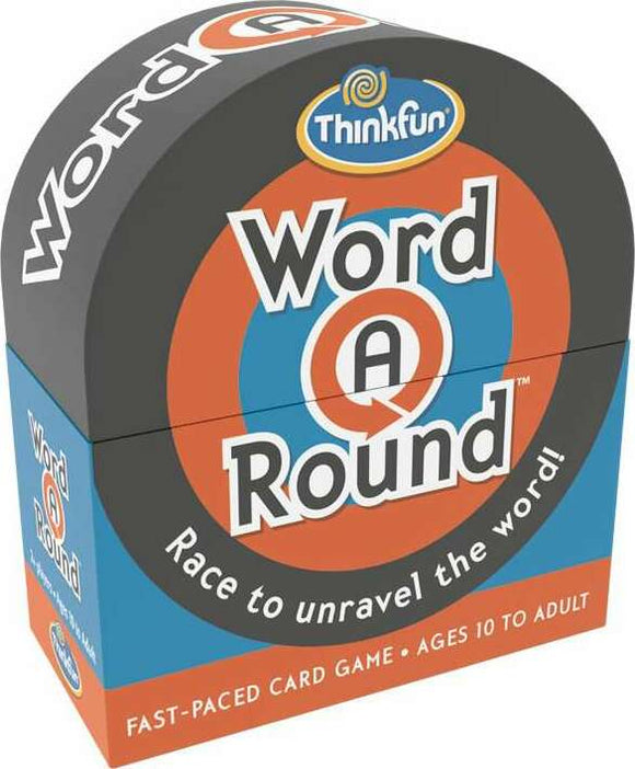 Word A Round card game by Thinkfun packaged in a colorful box. The box features vibrant colors and bold text, inviting players to race against each other to unravel words. Designed for ages 10 and up, it promises fast-paced fun for family and friends.