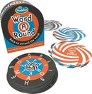 Thinkfun Word A Round card game featuring a compact box and colorful circular cards. Players race to unravel words by identifying letters arranged in spirals. Suitable for ages 10 and up, this fast-paced game encourages quick thinking and team play.
