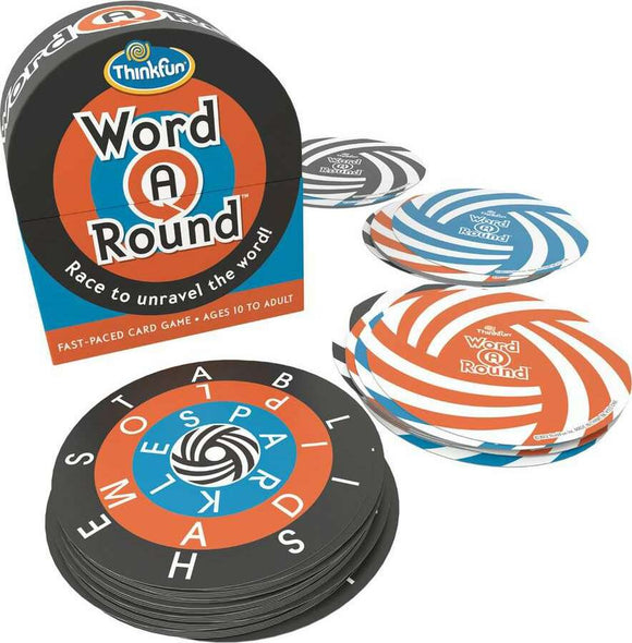 Thinkfun Word A Round card game featuring a compact box and colorful circular cards. Players race to unravel words by identifying letters arranged in spirals. Suitable for ages 10 and up, this fast-paced game encourages quick thinking and team play.