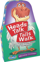 Heads Talk Tails Walk game by Think Fun, featuring a colorful box design with a cartoon dinosaur on the front. The game is for ages 3 and up, aimed at 2 to 5 players, promoting fun with silly sounds and movements.