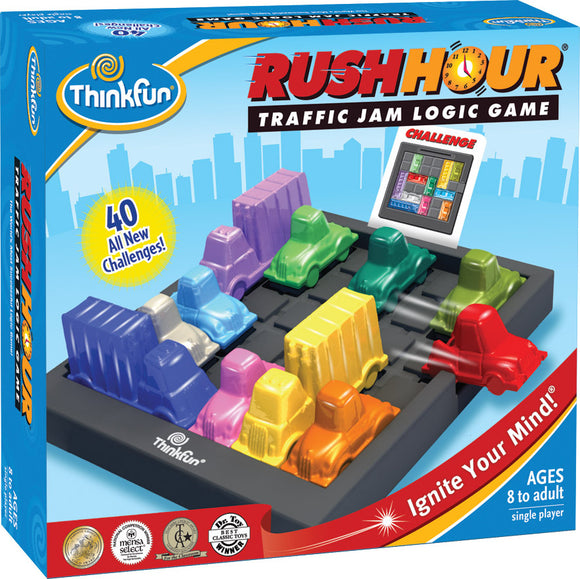 Rush Hour traffic jam logic game by Thinkfun, featuring colorful toy vehicles on a grid with a challenge display. Includes 40 challenging scenarios, suitable for ages 8 and up, designed to stimulate critical thinking.