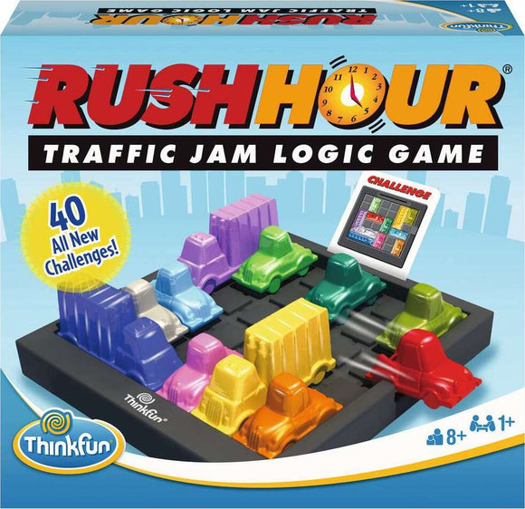 Rush Hour Traffic Jam Logic Game by ThinkFun features a colorful grid with various plastic car and truck pieces in multiple colors. The game aims to solve traffic jam challenges, encouraging critical thinking and problem-solving skills. The packaging showcases appealing graphics and highlights '40 All New Challenges.' Suitable for ages 8 and up, the game can be played solo or with friends.