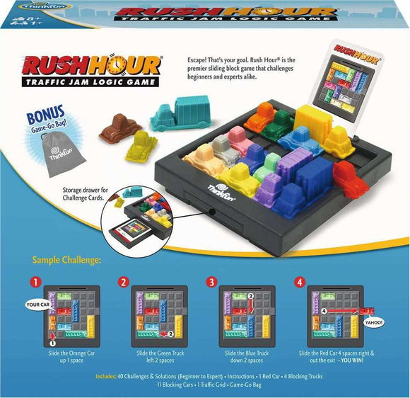 Rush Hour is a traffic jam logic game featuring a grid with colorful blocking cars. The game includes a storage drawer for challenge cards and a set of instructions. Players must navigate cars to free the red car from the grid, challenging both beginners and experts with 40 different puzzles.