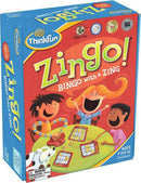Zingo! game by ThinkFun featuring a colorful box design. The title 'Zingo!' and subtitle 'Bingo with a ZING' are prominently displayed. Images of excited children playing the game at a table with game cards can be seen on the box.