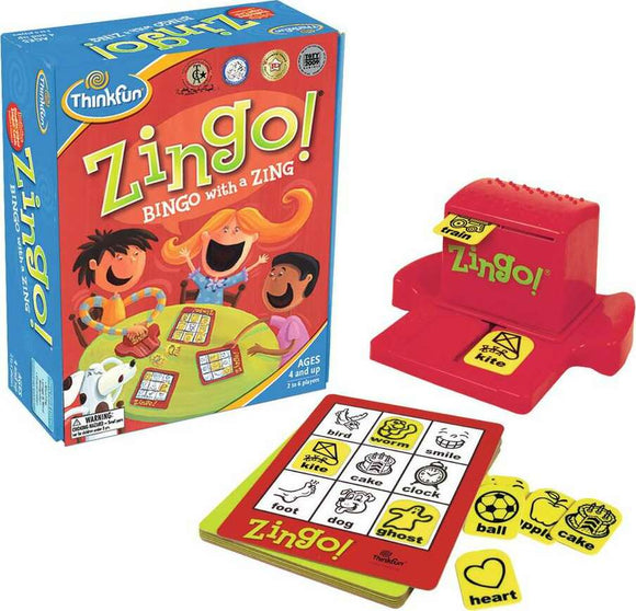Zingo! game by ThinkFun featuring a colorful box design. The game includes a zinger machine, bingo cards, and various tokens with images. Suitable for ages 4 and up and allows 2 to 6 players to engage in a fun, educational bingo experience.