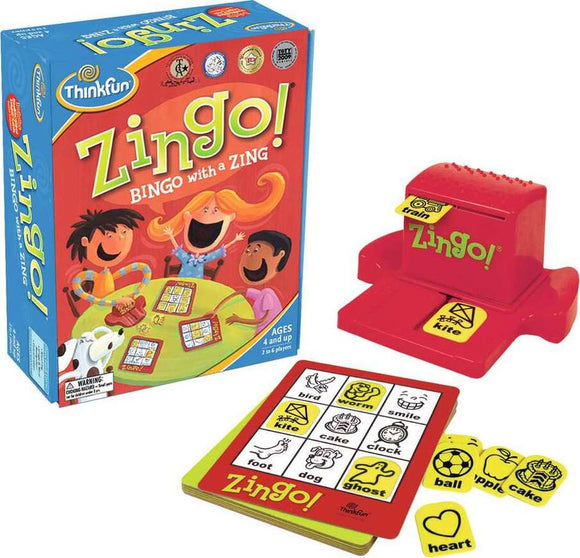 Zingo! game by ThinkFun featuring a colorful box design with children happily playing. The set includes a Zingo! dispenser, game cards, and tokens depicting images like a bird, train, and dog. Perfect for family game nights.