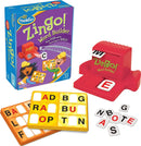 Zingo Word Builder game by Thinkfun, featuring a colorful box lid depicting children playing with letters. The game includes a red letter dispenser, letter tiles, and activity boards designed for kids in grades K-2, promoting fun while learning to spell.