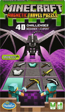 Minecraft Magnetic Travel Puzzle by Think Fun featuring a colorful box design that showcases 40 challenges from beginner to expert. The puzzle depicts characters resembling Minecraft avatars with tools and weapons, facing a dragon and grid layout of items to engage players in mechanical problem-solving.