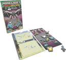 Think Fun's Minecraft Magnetic Travel Puzzle featuring a colorful game box and an open challenge book. The puzzle includes magnetic pieces shaped like tools and equipment from Minecraft, organized on a grid layout for interactive play. There are beginner and advanced challenges displayed in the book alongside the playful Minecraft theme.