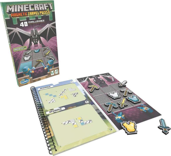 Think Fun's Minecraft Magnetic Travel Puzzle featuring a colorful game box and an open challenge book. The puzzle includes magnetic pieces shaped like tools and equipment from Minecraft, organized on a grid layout for interactive play. There are beginner and advanced challenges displayed in the book alongside the playful Minecraft theme.