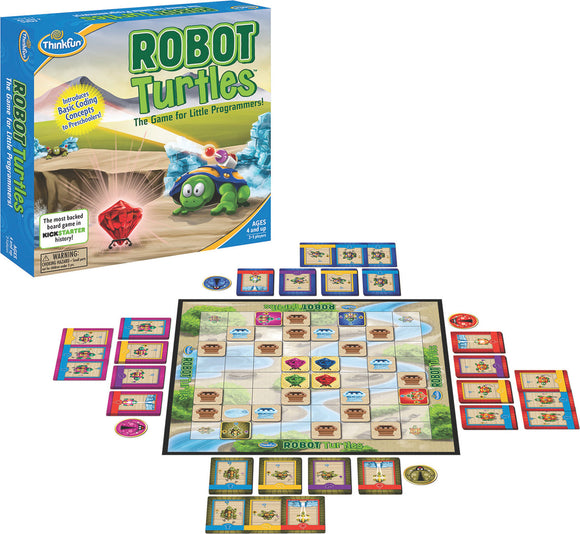 The Robot Turtles game by Thinkfun, featuring a colorful box with a turtle character and a gem. The game board is displayed with various game pieces, including turtle cards and goal tokens, showcasing a vibrant layout for players.