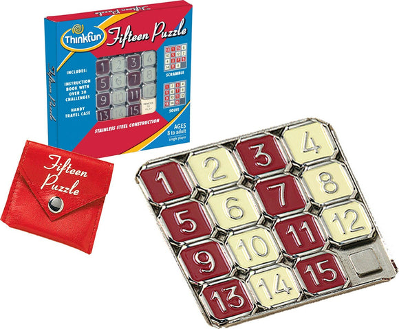 Thinkfun's Fifteen Puzzle is a mechanical puzzle featuring a metal sliding board with numbered tiles 1 through 15 and a silver frame. The set includes a vibrant blue box with game instructions and a handy travel case in red leather with the title embossed in white. Perfect for ages 8 and up, this is a single-player logic game that challenges your problem-solving skills.