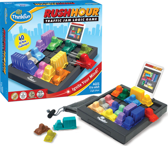 Rush Hour is a traffic jam logic game featuring colorful plastic vehicle pieces arranged on a grid. The game comes with a challenge card displaying a puzzle solution, suitable for ages 8 and up. It promotes critical thinking and problem-solving skills in a single-player format.