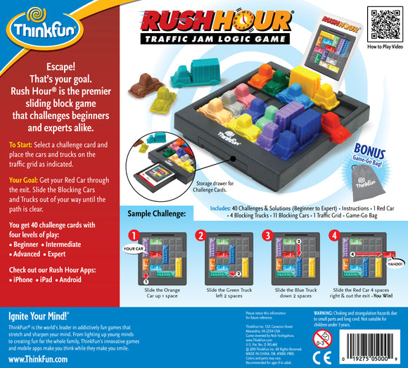 Rush Hour is a premier sliding block logic game featuring colorful cars and trucks. The set includes a traffic grid for strategic play, 40 challenges, and instructions. Designed for beginners and experts, players must navigate their red car to the exit by sliding the blocking vehicles. The game promotes problem-solving and critical thinking skills, making it ideal for family game nights or individual play.