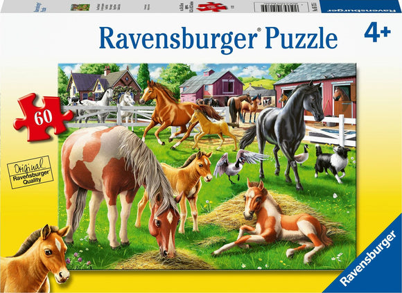 Ravensburger jigsaw puzzle titled 'Happy Horses'. The puzzle features a vibrant farm scene with various horses, foals, and other animals in a lush green field surrounded by barns and a white fence. The puzzle includes 60 pieces and is designed for ages 4 and up.